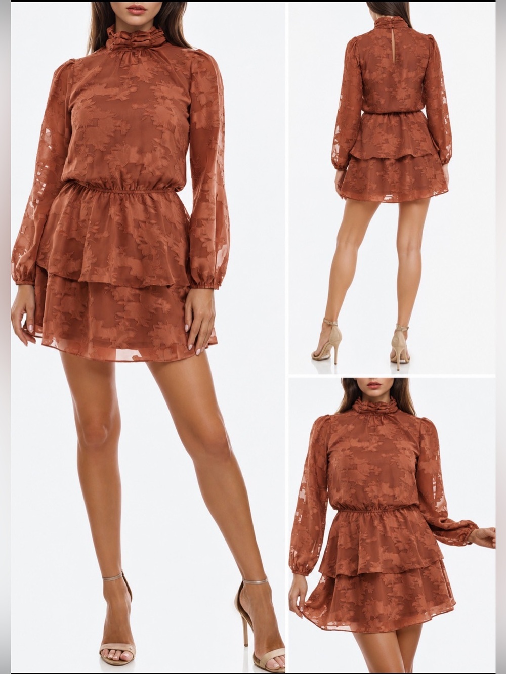 Socialite Rust Floral Jacquard Mini Dress Mock Neck Long Sleeve Size M NWT
